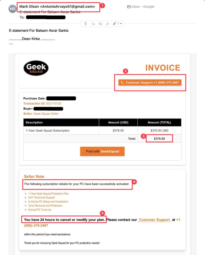 Geek Squad Scam Invoice